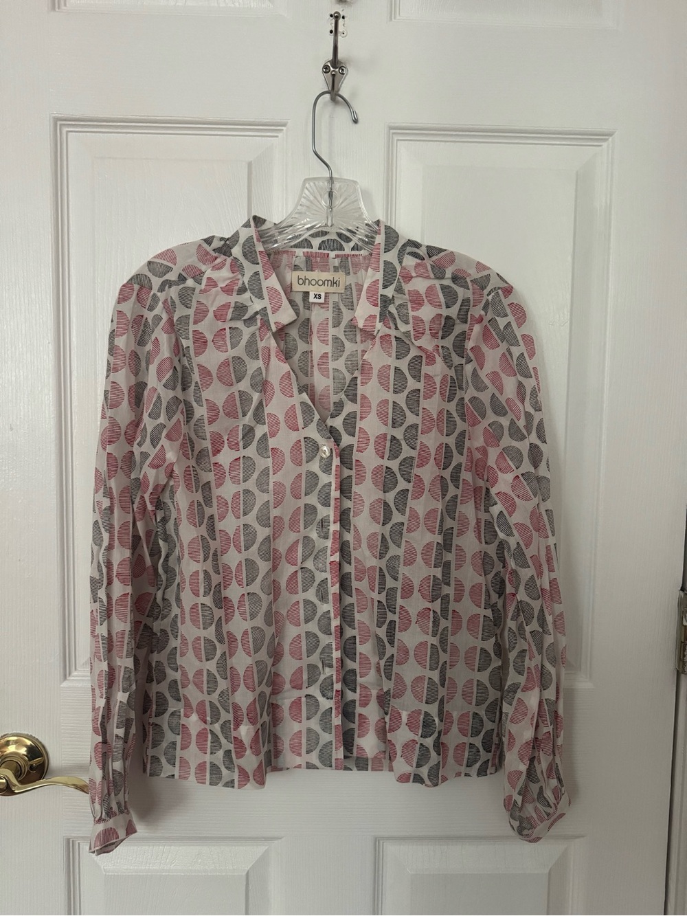 Pink and Gray Printed Button-Front Blouse